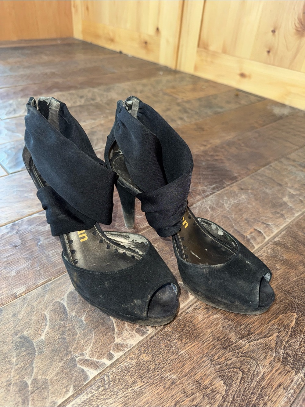 libby. edelman Black Suede Peep-Toe Heels with Wrap Ankle Detail